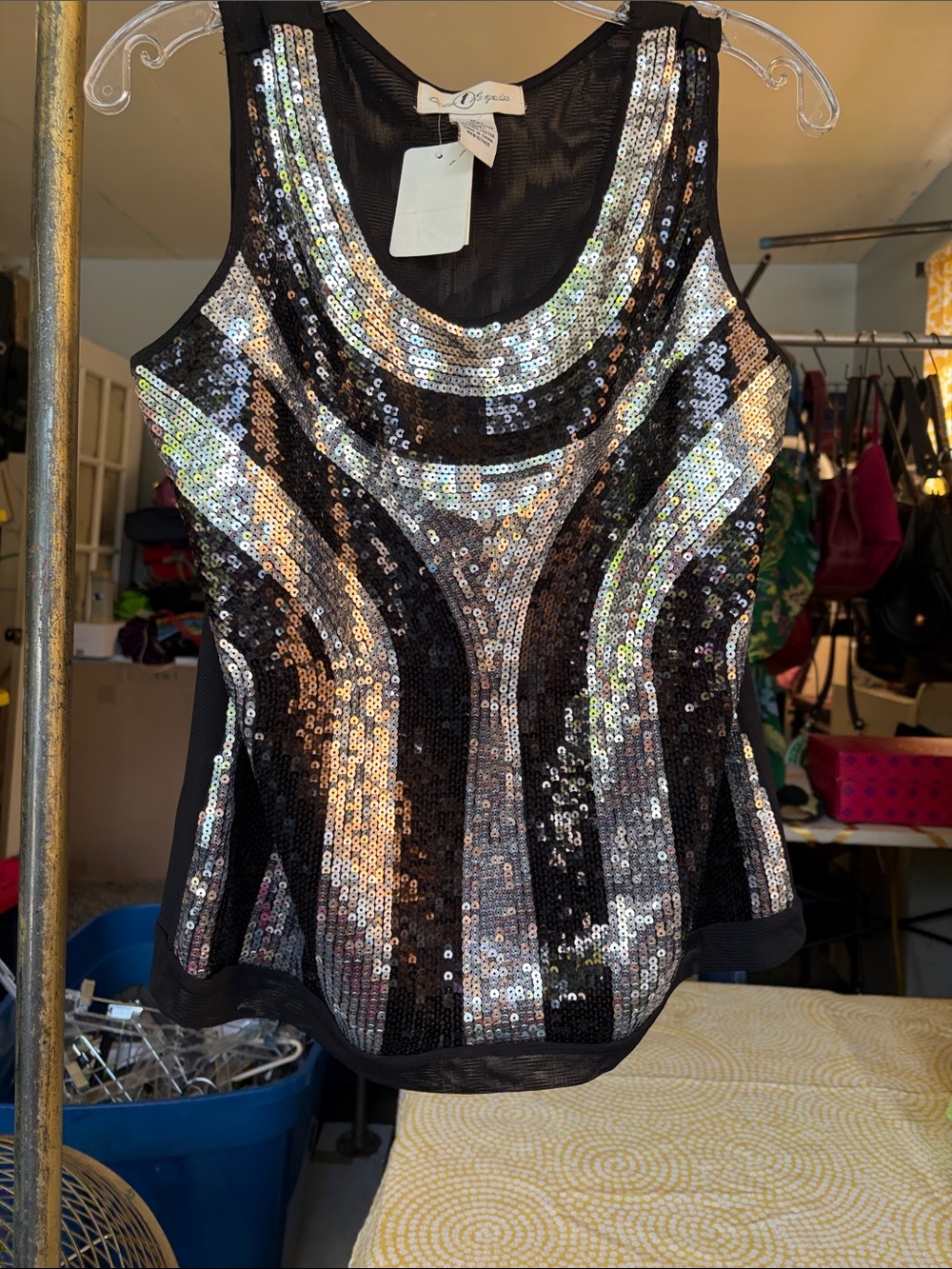 Sequined Scoop Neck Camisole - Black & Silver
